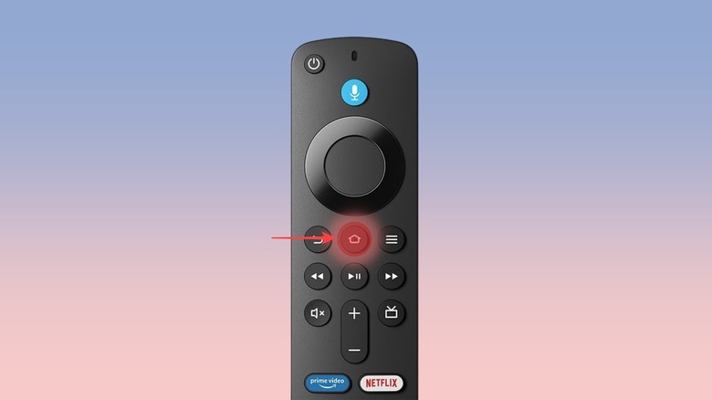 Illustration of a Fire TV remote with an arrow pointing specifically to the Home button.