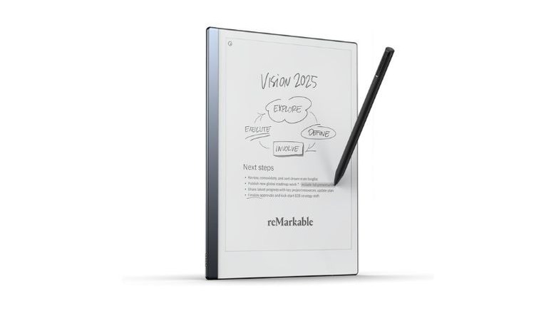 Front view of the minimalist reMarkable 2 monochrome tablet showing a digital sketch.