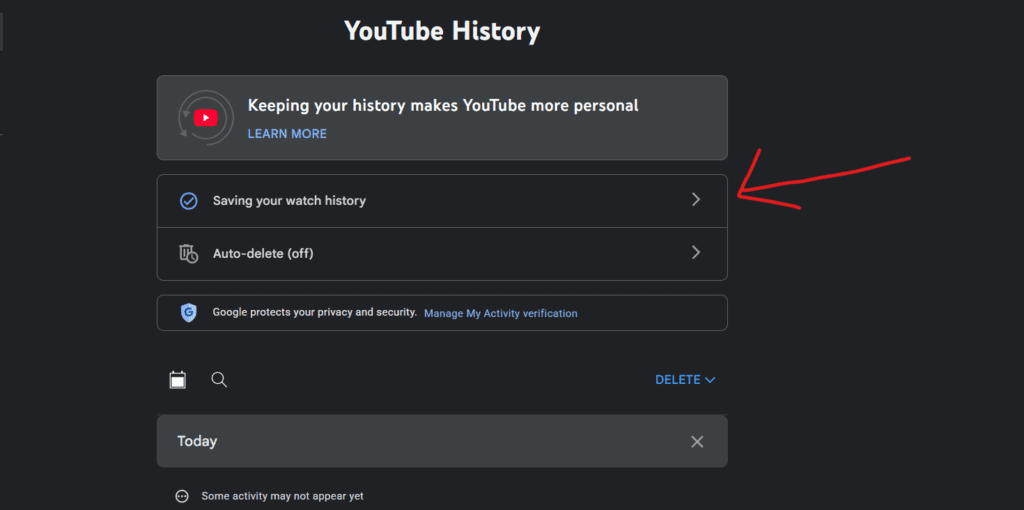 The Activity Controls page in a Google Account showing the YouTube History status.