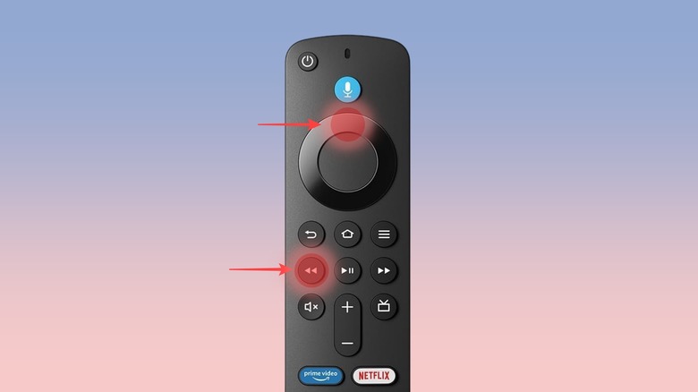 Illustration of a Fire TV remote with arrows pointing to the Up and Rewind buttons.
