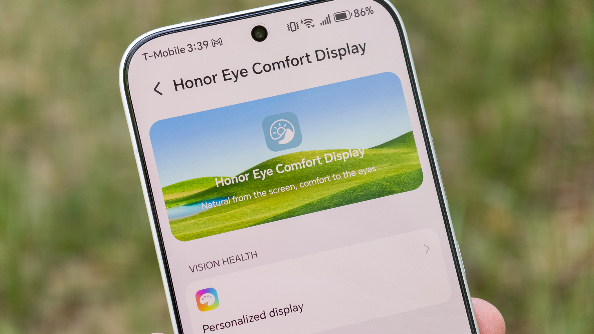Screen capture of the Honor Eye Comfort Display settings menu on the device.