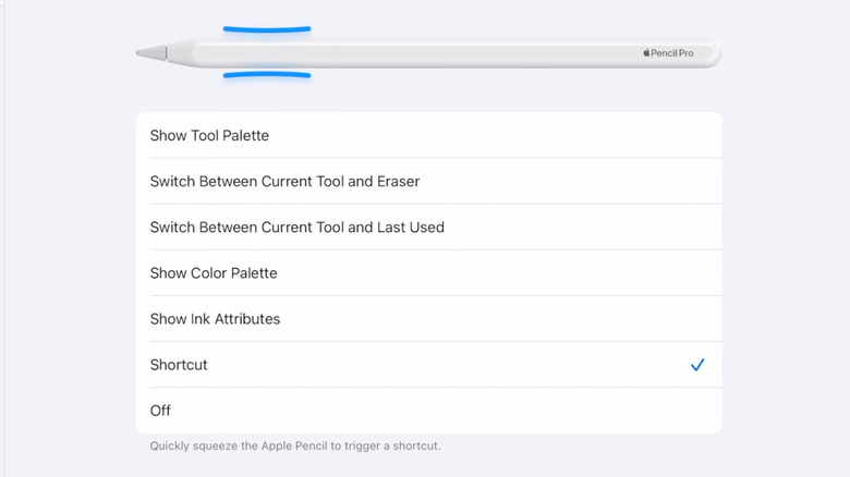 iPad settings menu for Apple Pencil Pro showing Squeeze and Haptic feedback options.