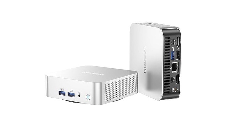 The ultra-compact Geekom A6 Mini PC on a desktop.