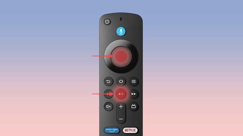 Illustration of a Fire TV remote with arrows pointing to the Select and Play/Pause buttons.
