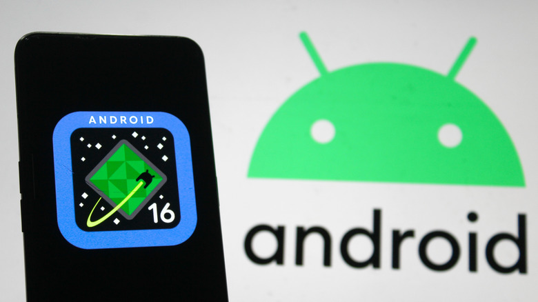 Smartphone screen displaying the Android 16 logo.