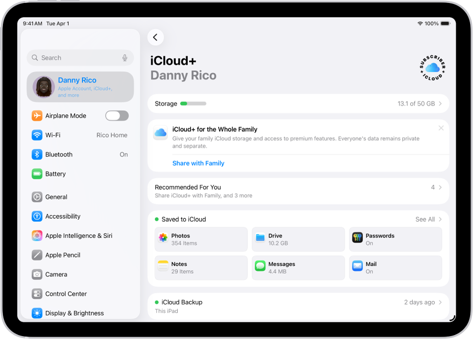 iCloud storage and app sync management screen in iPad settings.