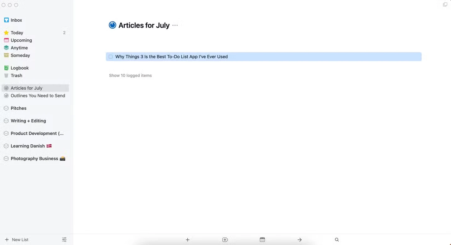 The minimalist user interface of the Things 3 task management app.