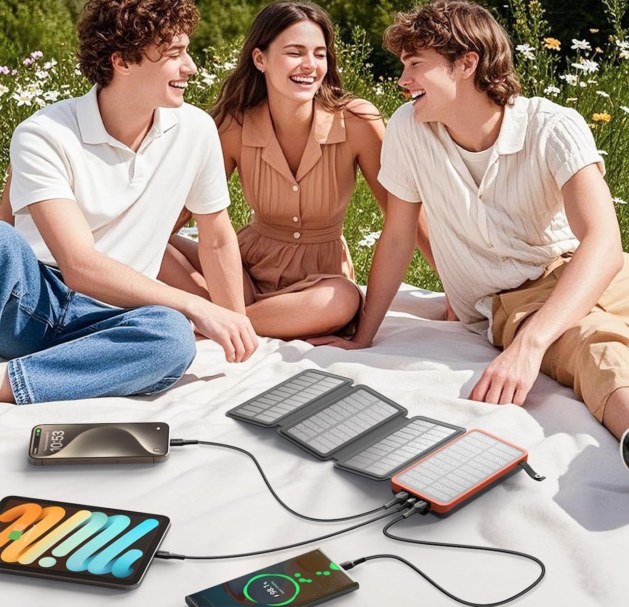 A Hiluckey solar charger unfolded into four panels to maximize surface area contact with sunlight.