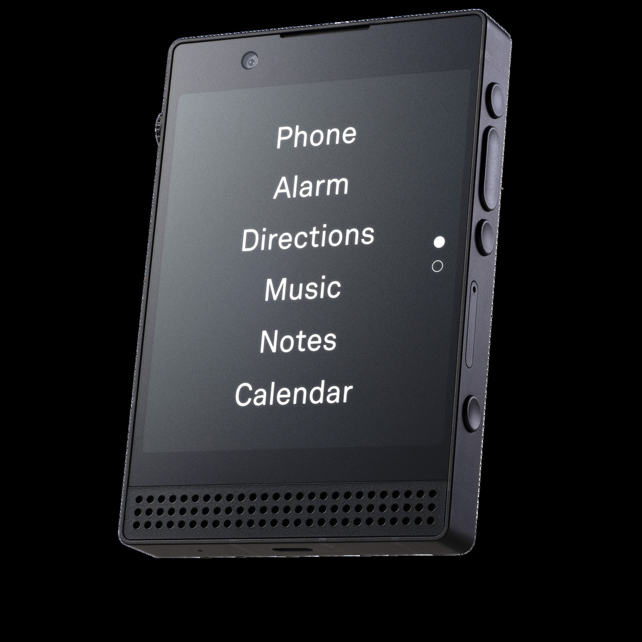 The Light Phone III displaying a simple list-based menu on a high-contrast screen.