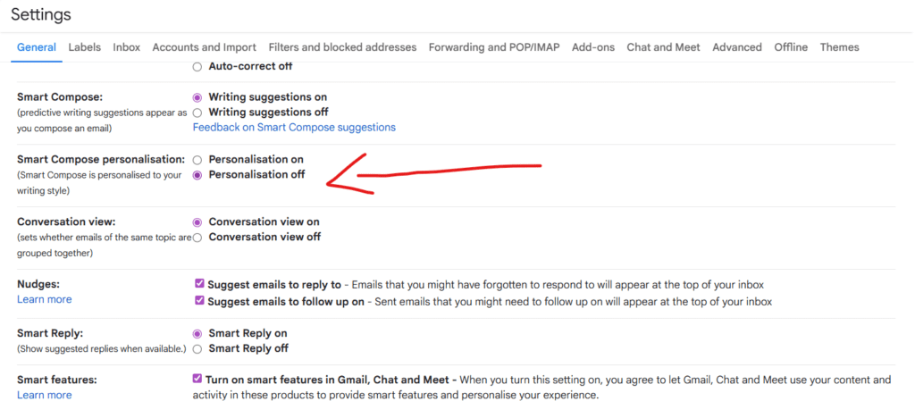 Screenshot of Google account settings focusing on the Gmail Smart features and personalization toggle.