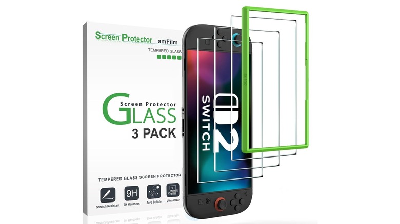 A Nintendo Switch 2 console placed next to an amFilm screen protector kit.