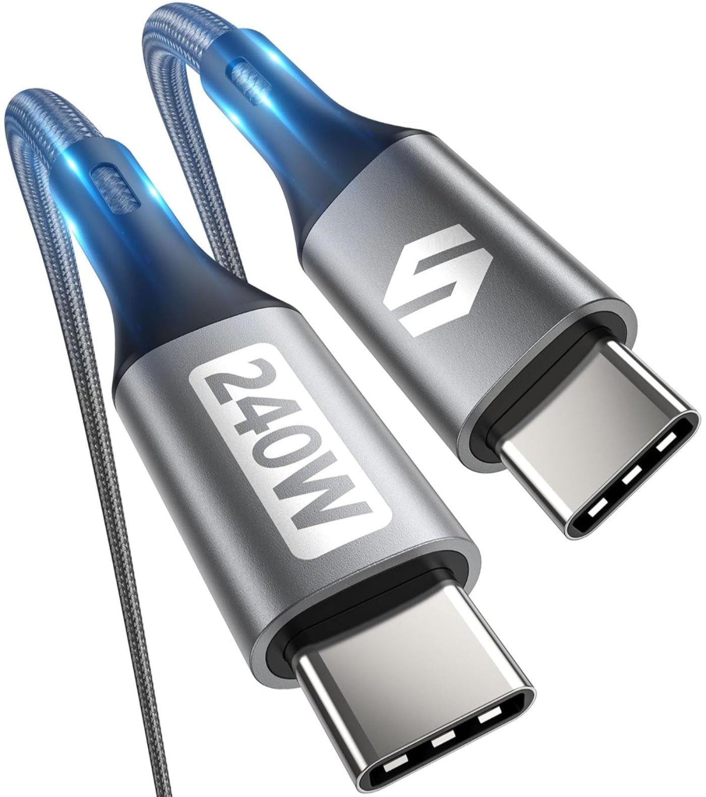 A black braided Silkland 240W USB-C to USB-C cable.