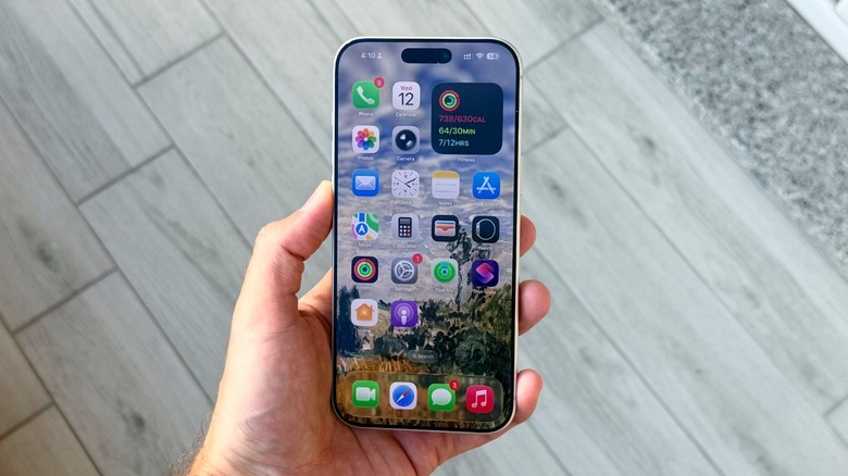 A person holding a large screen iPhone Pro Max model in their hand.