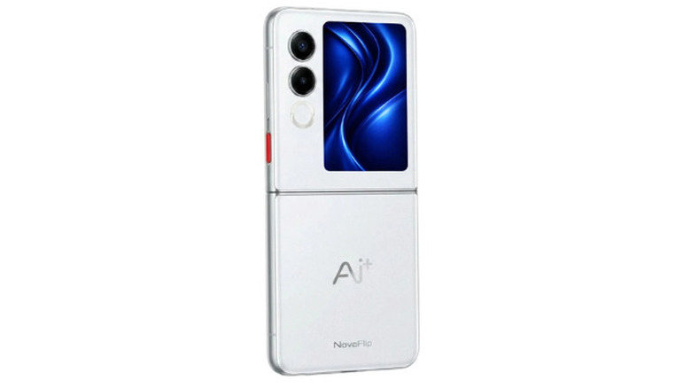The Ai+ NovaFlip phone fully unfolded to reveal the long internal screen and slim bezels.