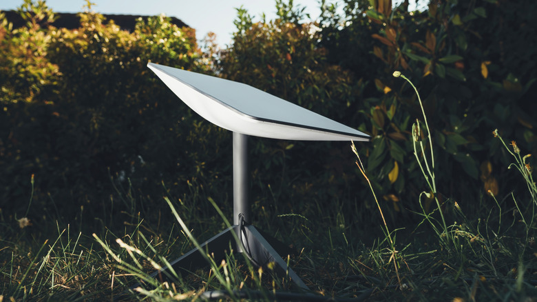 A Starlink satellite dish installed in a grassy area.