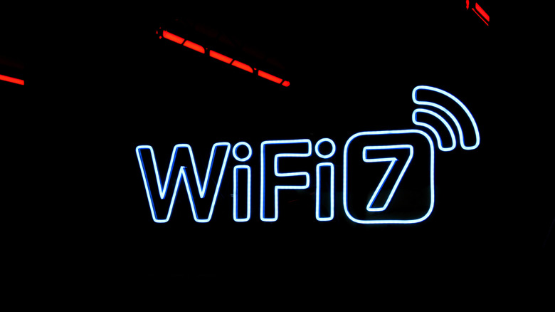 A glowing Wi-Fi 7 logo against a clean, dark background emphasizing speed and modern technology.
