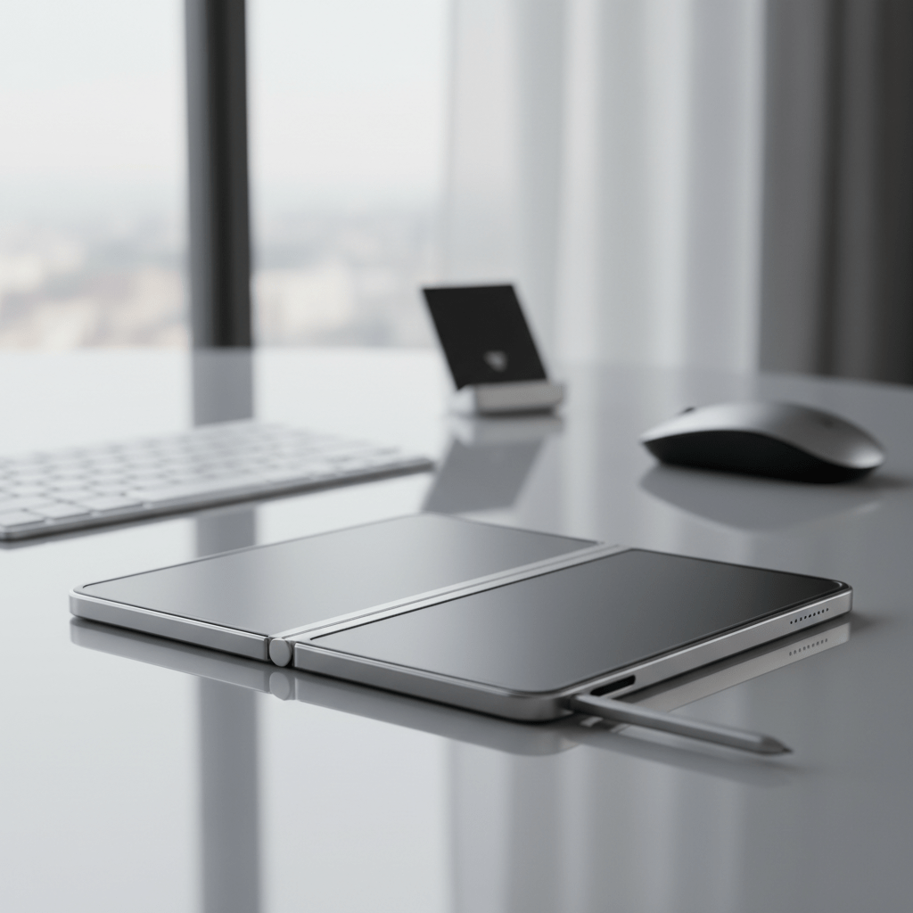 An unfolded foldable smartphone being used with a stylus for creative work.