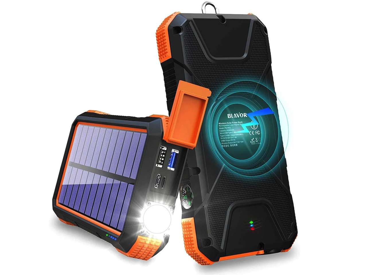 A BLAVOR solar power bank with specialized rugged edges and wireless charging capability shown outdoors.