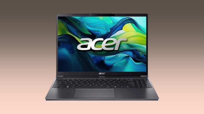 The Acer Aspire Go 15 laptop shown from an angle against a studio gradient background.