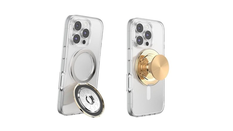 A PopSockets magnetic kickout stand shown in its collapsed grip mode and its extended stand mode.