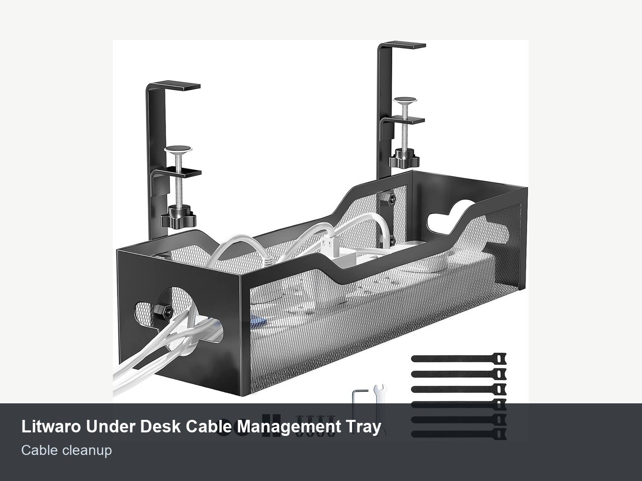 An under-desk cable management tray organizing multiple power cables and adapters.
