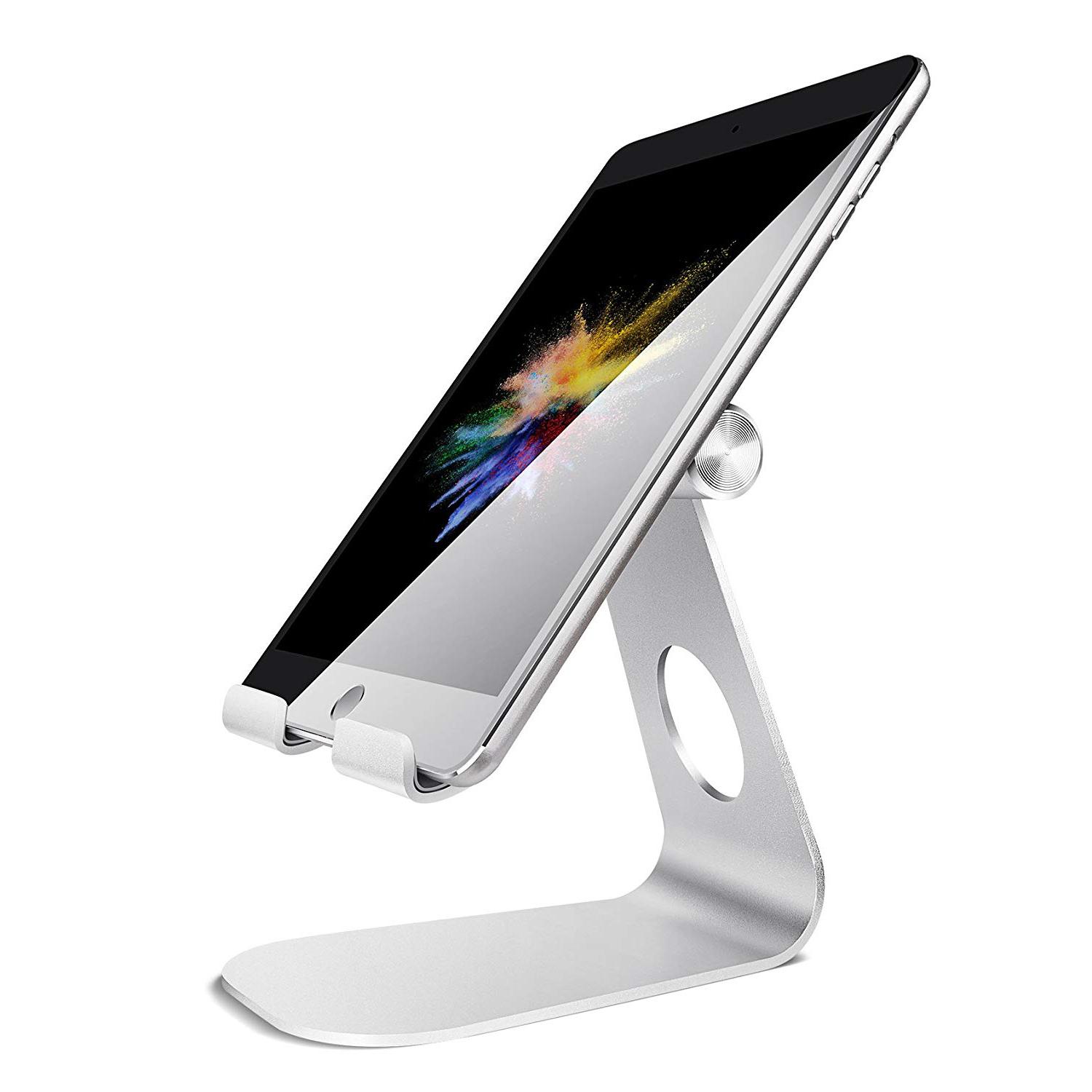 Multiple colorful tablet stands demonstrating different adjustable angles and compact folding designs.