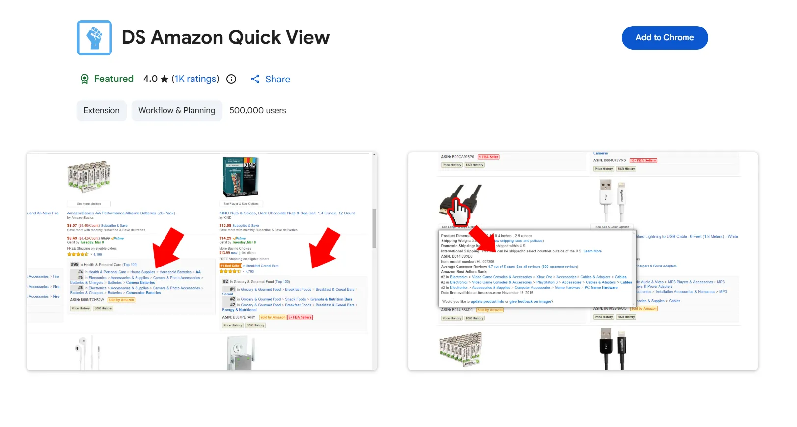 Amazon search results page with a dense overlay of BSR, ASIN, and pricing data from the DS Amazon Quick View extension.