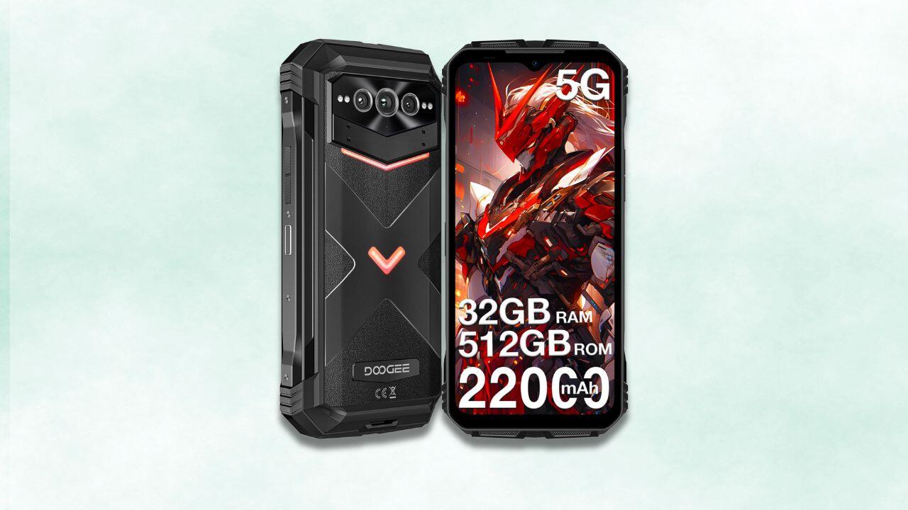 The Doogee V Max Pro rugged smartphone highlighting its thick, protective chassis.