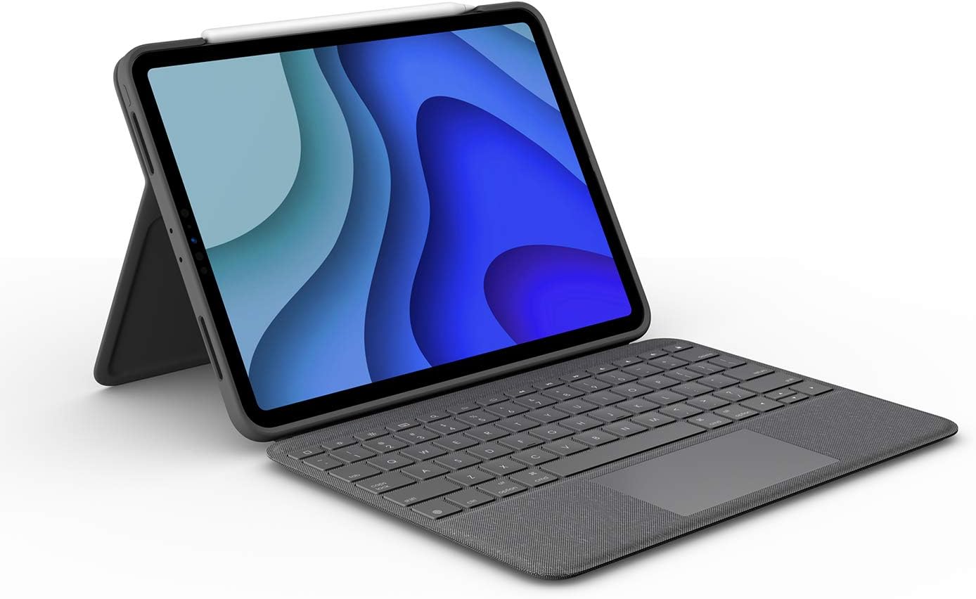Logitech Folio Touch with a protective flap securing an Apple Pencil.