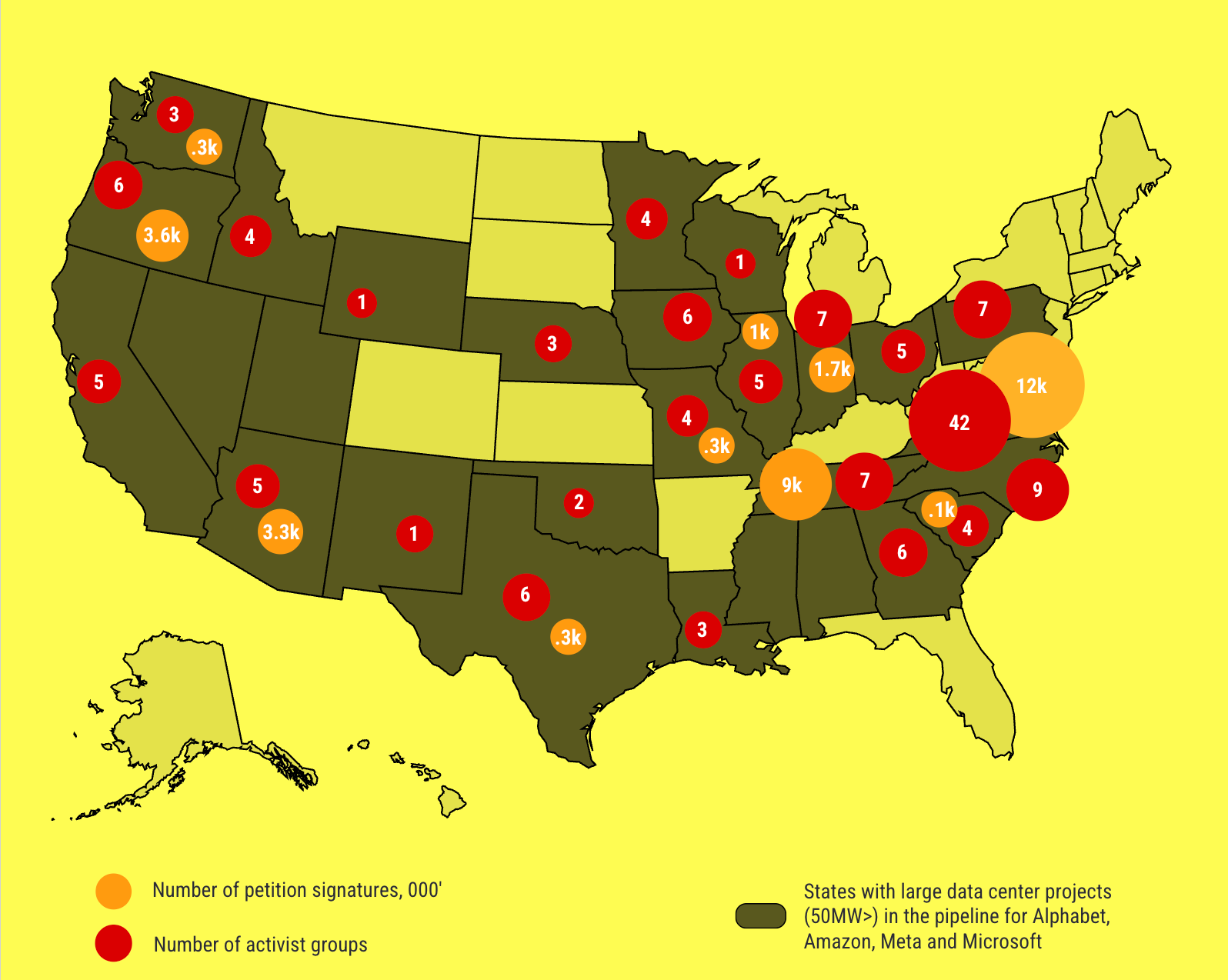 A map of the United States highlighting different regions with icons representing data center development and opposition.