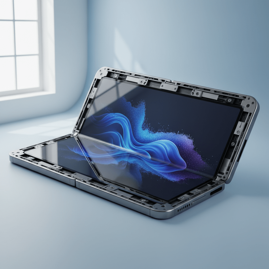 Close-up of a flexible OLED panel on a premium foldable device frame.