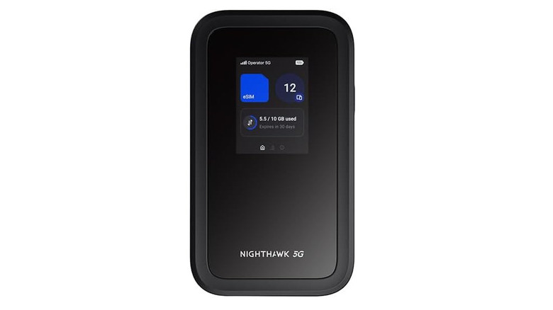 Netgear Nighthawk 5G mobile hotspot with display showing battery, data plan usage, and current settings.