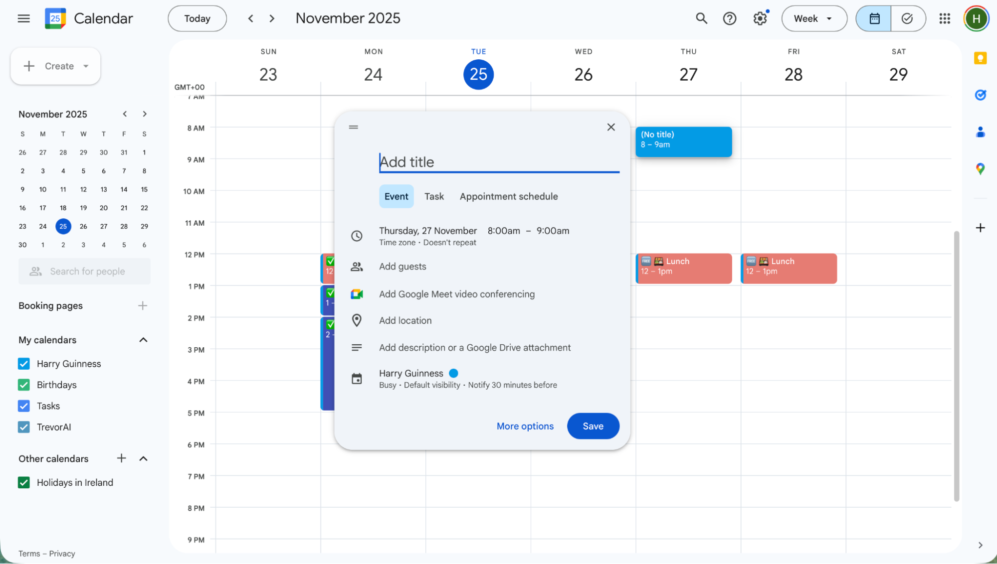 The Google Calendar interface showing a busy but organized weekly schedule.