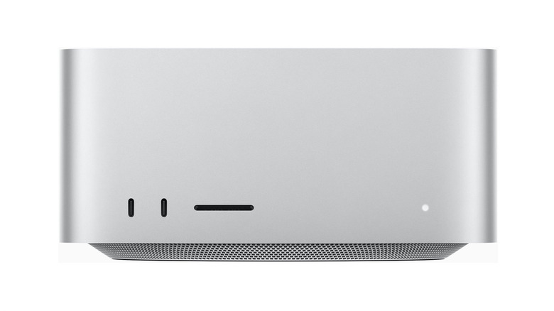 The Apple Mac Studio workstation with front-facing ports.