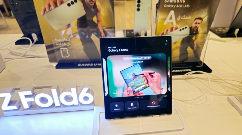 Samsung Galaxy Z Fold 6 displayed on a showroom floor.