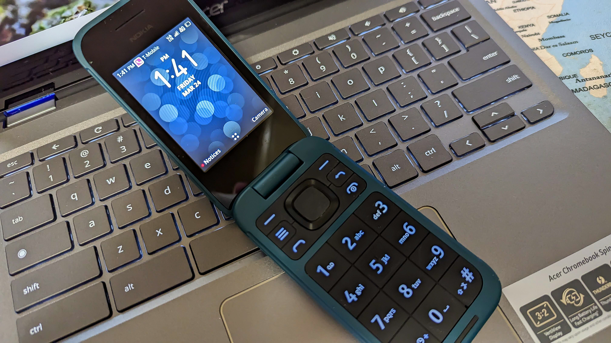 Close-up of the Nokia 2780 Flip showing the distinct physical number pad and directional keys.