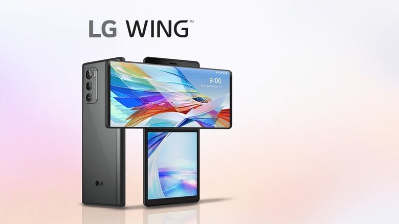 The LG Wing 5G with its main screen swivelled horizontally to reveal the square secondary screen below.