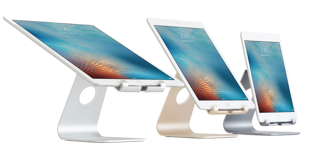 An adjustable aluminum tablet stand showing integrated cable routing at the back.