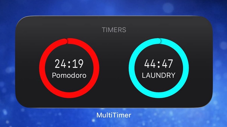 The MultiTimer widget on an iPhone showing two different active countdown timers.