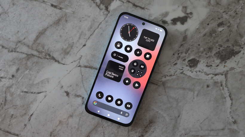 Nothing OS 4.1 monochromatic user interface showing custom widgets and icons.