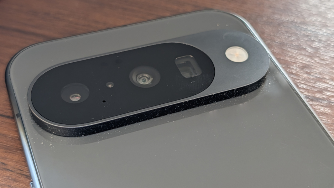 Macro shot of the Google Pixel 10 triple-lens camera system.