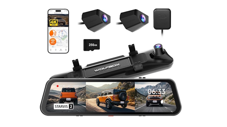 Wolfbox G900 TriPro with all cameras, rearview mirror camera, and the mobile application interface.