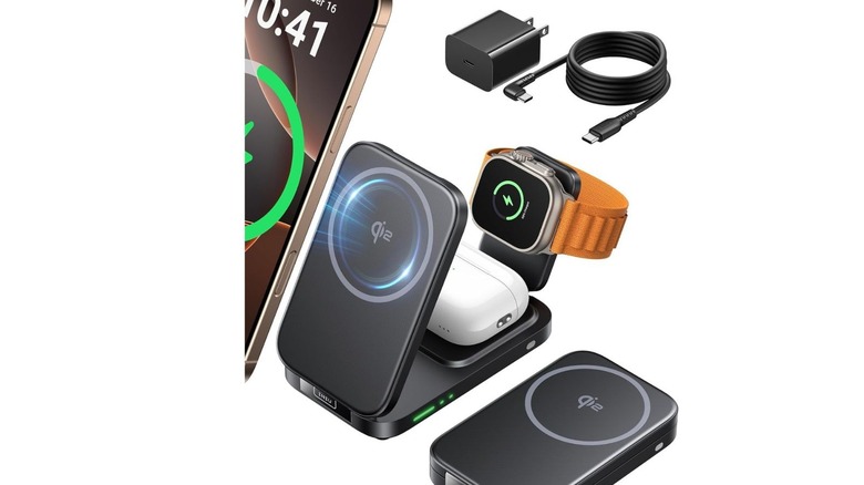 Iniu 3-in-1 Qi2 charging station charging a phone, smartwatch, and earbuds simultaneously.