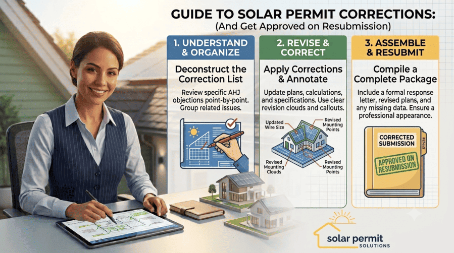 Infographic showing a 3-step solar permit correction process.