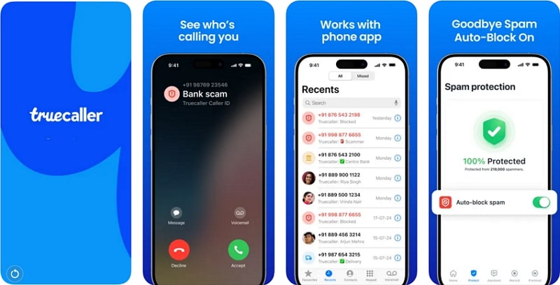 The Truecaller app interface showing real-time caller identification features.