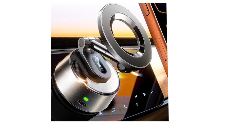 Lisen Sunction Phone Mount attached to the dashboard of a vehicle.