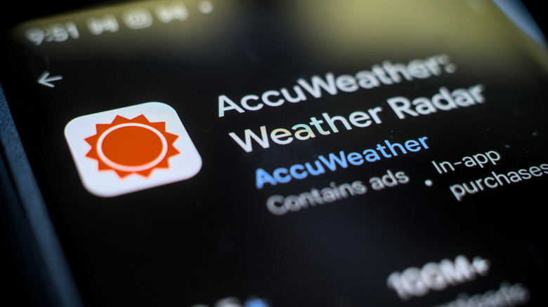 Smartphone screen showing the AccuWeather mobile app store listing.
