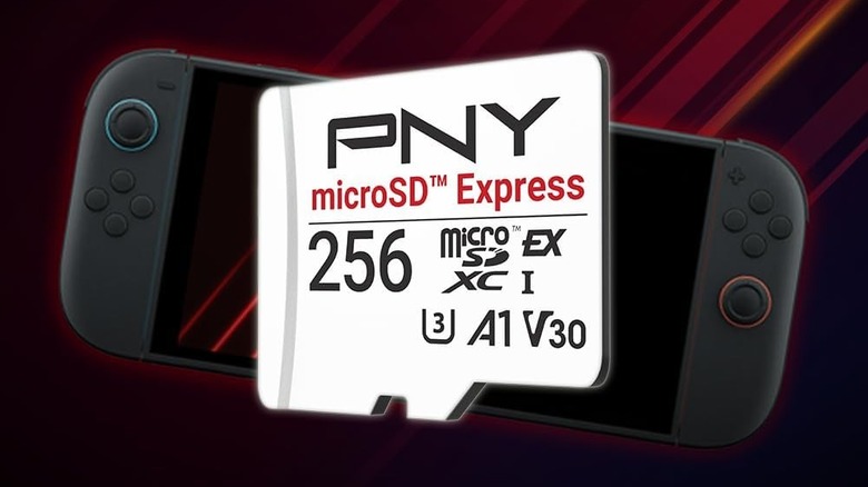 A 256GB PNY MicroSD Express card shown next to a Nintendo Switch 2 console.
