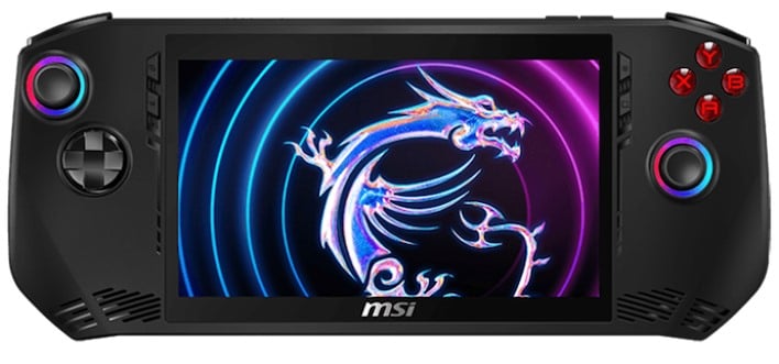 Front view of the MSI Claw handheld gaming console showing the screen and controller layout.