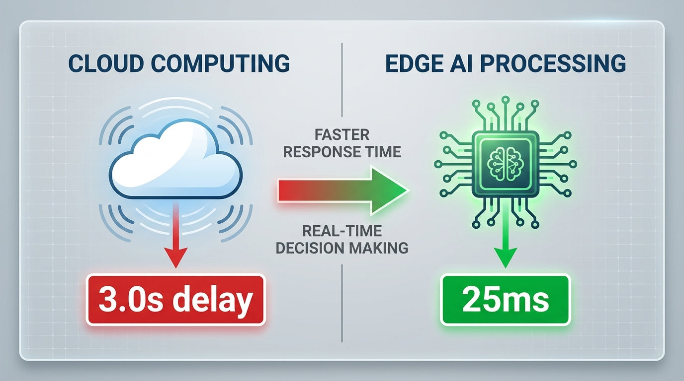 An infographic comparing Edge AI low-latency processing versus traditional Cloud AI delays.